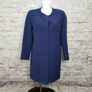 Iman Size L Navy Long Sport Coat Jacket Career Casual Collarless‎ 4 Snap Buttons